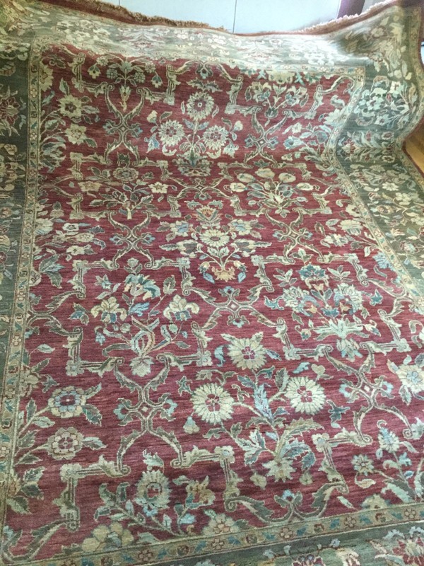 100% Wool Antique Rug, Handmade in India, 9'x12', with fringing on edge. gallery