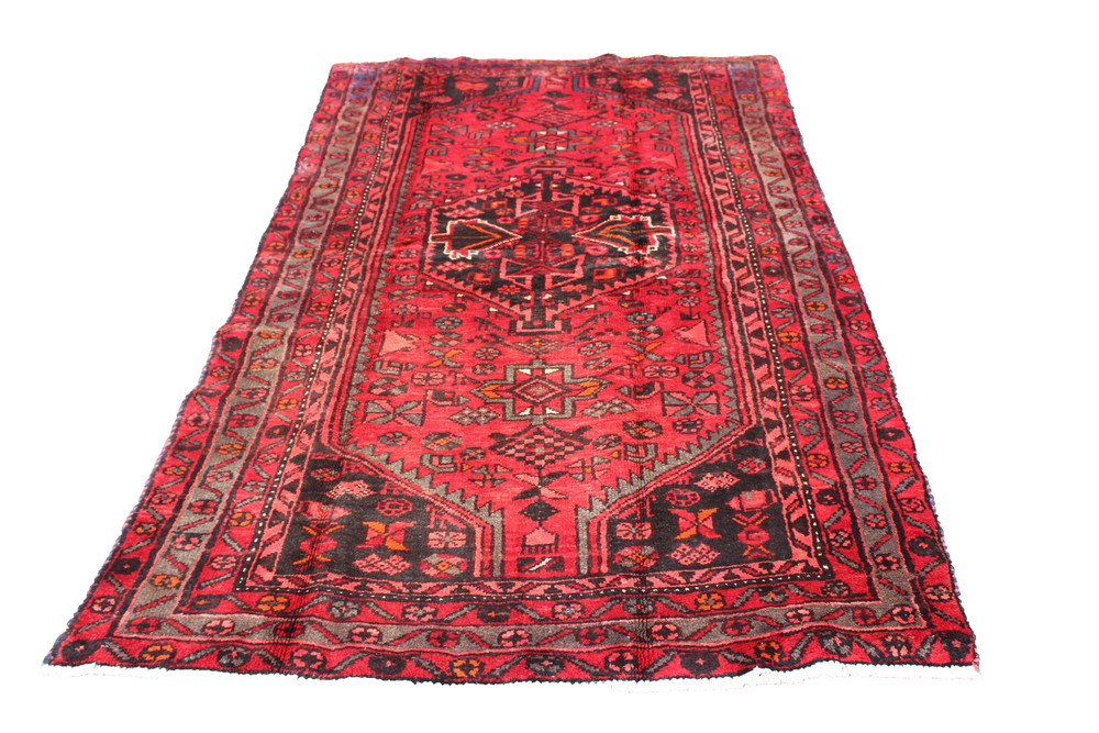 Bright Red Geometric Turkish 3' 12" x 6' 9" Red Hand Knotted Area Rug