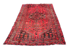 Bright Red Geometric Turkish 3′ 12″ x 6′ 9″ Red Hand Knotted Area Rug