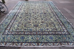 Vintage Worn Hand Made Traditional Oriental Wool Green Large Carpet 428x270cm