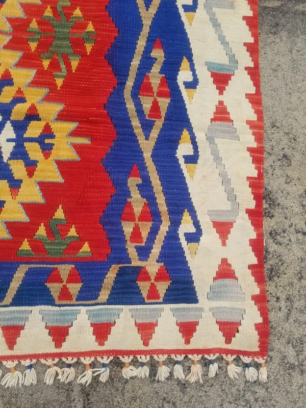 Vintage Traditional Handmade Turkish Tribal Wool Blue Kilim Rug 7.2x4.6ft gallery