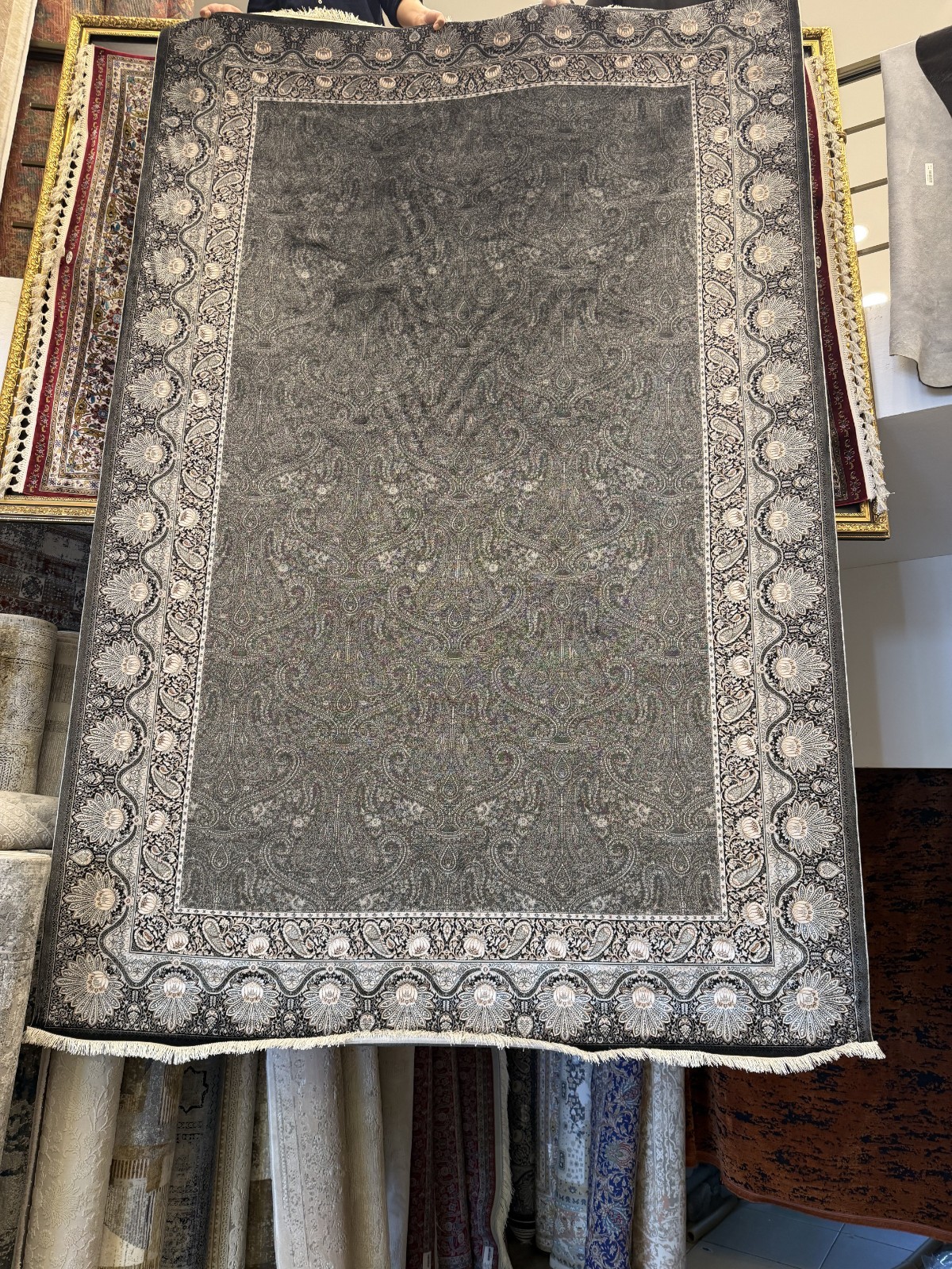 Turkish Silk Rug 7x10 ft Gray Black Oriental Area Rug Floral Paisley Design gallery