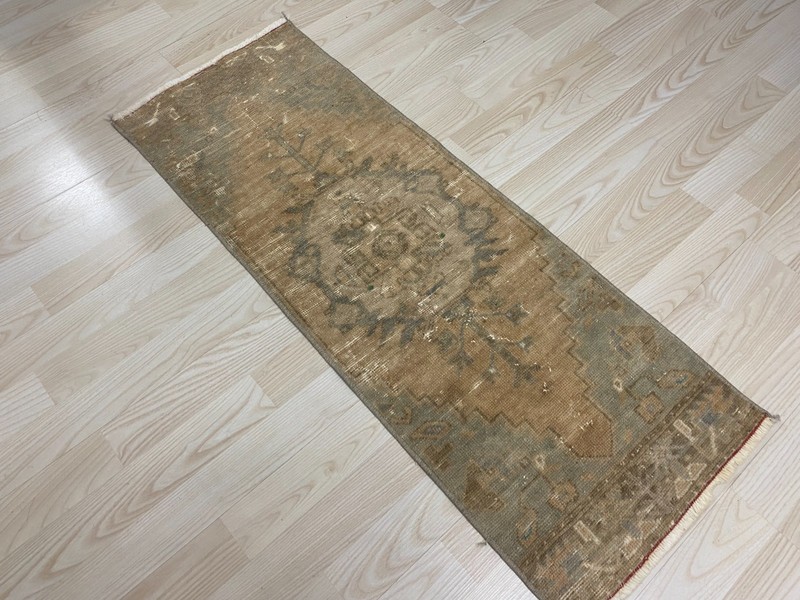 Vintage Handwoven Turkish Small Rug 1.3x3.4 ft Wool Distressed Neutral Carpet gallery