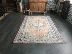5.6×8.4 Large Vintage Orange Turkish Oushak Wool Rug