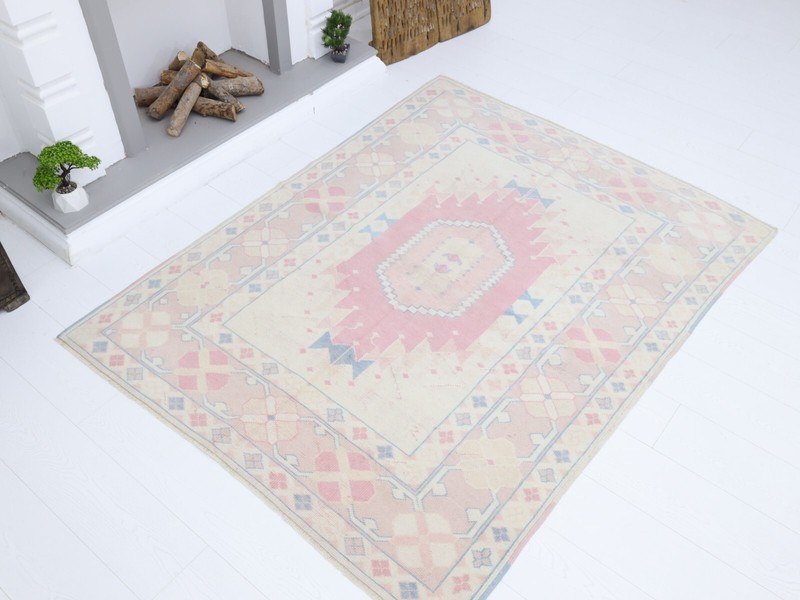 Ivory Pink Blue Handmade Wool Rug 5x6.6 ft Vintage Turkish Oushak Modern Carpet gallery