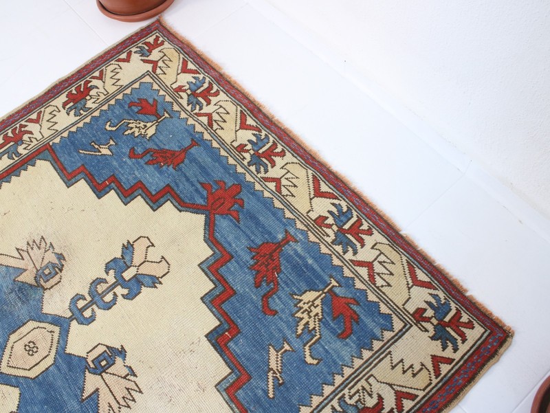 Vintage Hand Knotted Area Rug Blue Red Beige Tribal Medallion 5x6 ft gallery