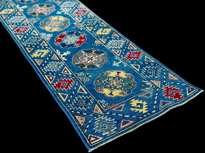 Brand New Colorful Small Runner Handmade Ocean Blue Gold Geometric Pak Kazak 2x6 gallery