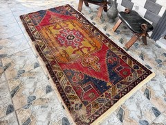Vintage Anatolian Turkish Runner Rug Oriental Hand-Knotted Wool Geometric 4×8 ft
