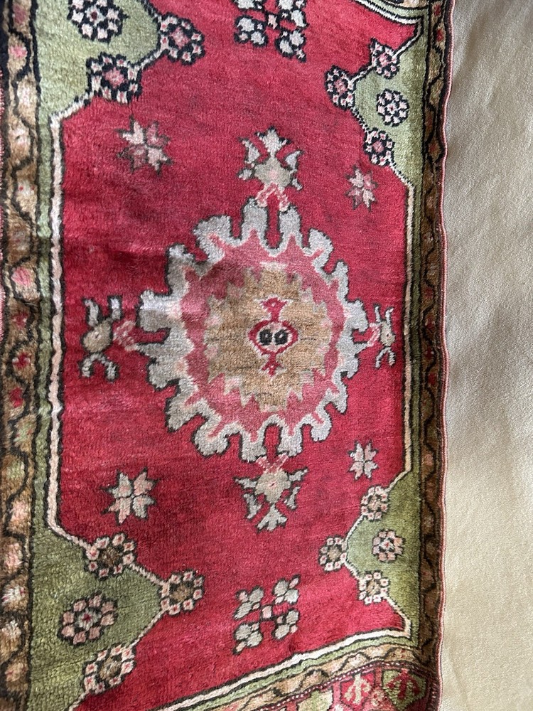Distressed Antique Traditional Handmade Turkish Wool Multicolor Rug 37x19 in (L3