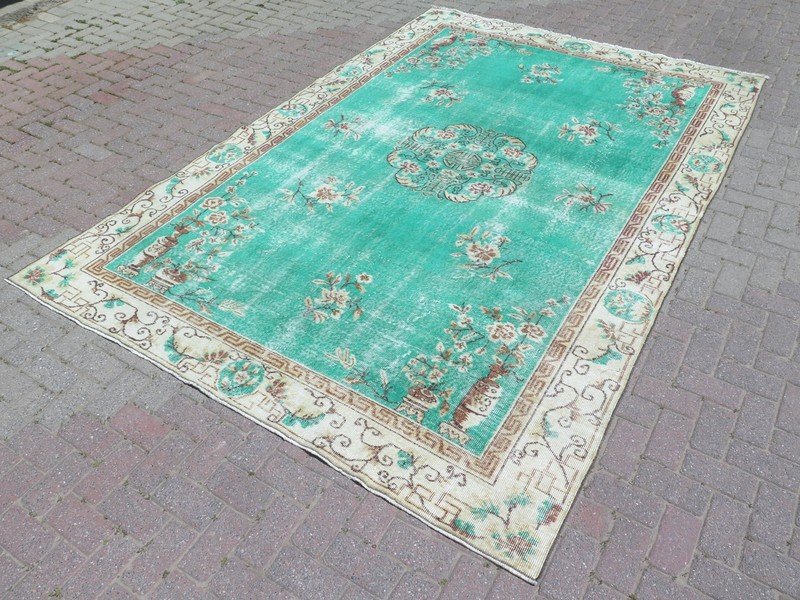 Distressed Turkish Carpet, Large Area Rug, Handmade Mint Green Carpet 83"x126" gallery