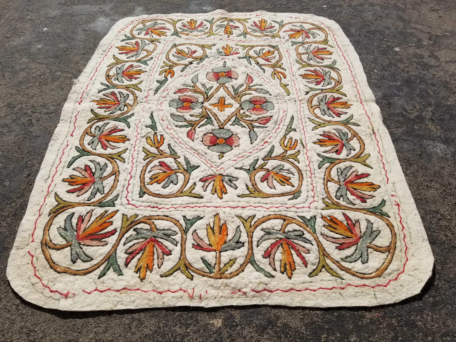 Vintage Handmade Kashmiri Aari Work Namda Wool Multicolor Rug 4.0x2.1 ft gallery