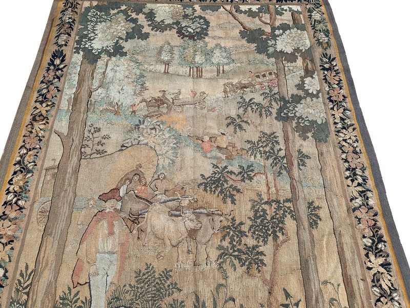 5x9 Antique French Verdure Figural Woven Tapestry 152cmx269cm Signed 1900 gallery