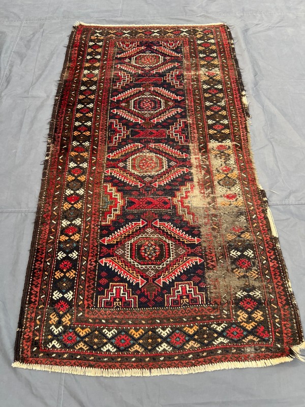 Black Red Distressed Low Pile Rug 4x6 ft Hand Knotted Caucasian Vintage Carpet gallery