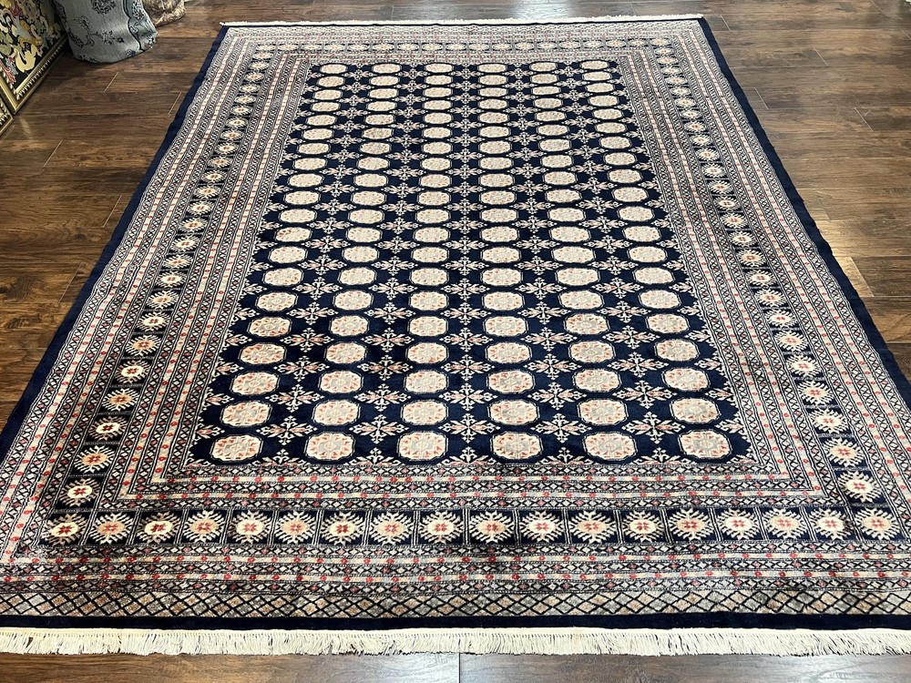 Pakistani Bokhara Rug 8x10 Turkoman Carpet Dark Blue Beige Vintage Handmade Wool