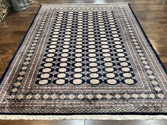 Pakistani Bokhara Rug 8×10 Turkoman Carpet Dark Blue Beige Vintage Handmade Wool