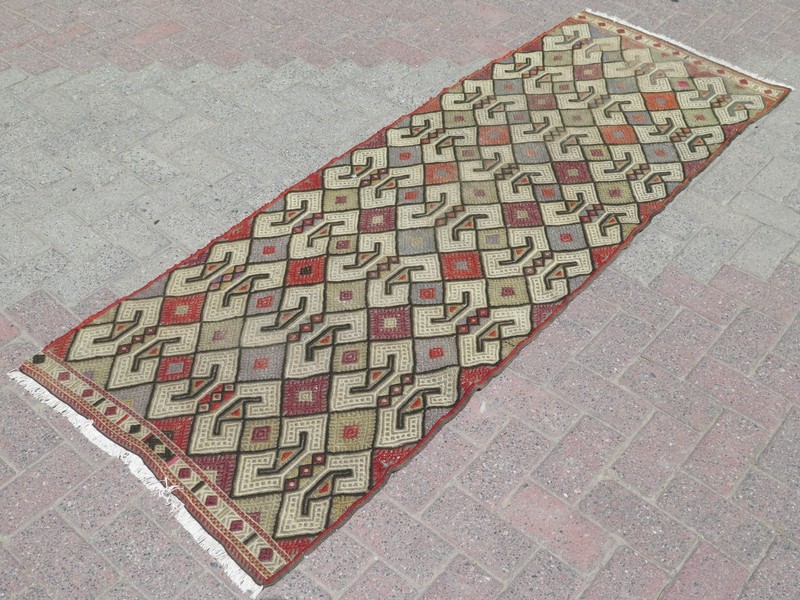Long Multicolor Diamonds Vintage Runner Rug, Handwoven Turkish Kelim 30"x84" gallery