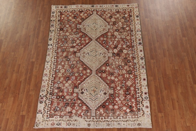 Vintage Area Rug 6x9 ft.Rust Geometric Qashqai Oriental Handmade Low Pile Wool gallery