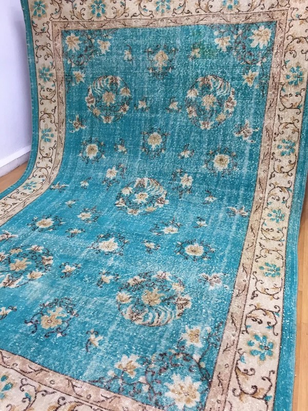 8x6 Ft Vintage Turkish Oushak Rug Handmade Distressed Turquoise Wool Area Rug gallery