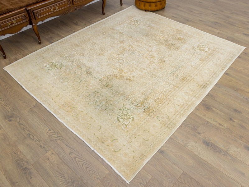Faded Vintage Turkish Square Area Rug 6.9x7.9 ft Hand-Knotted Oushak Wool Carpet gallery