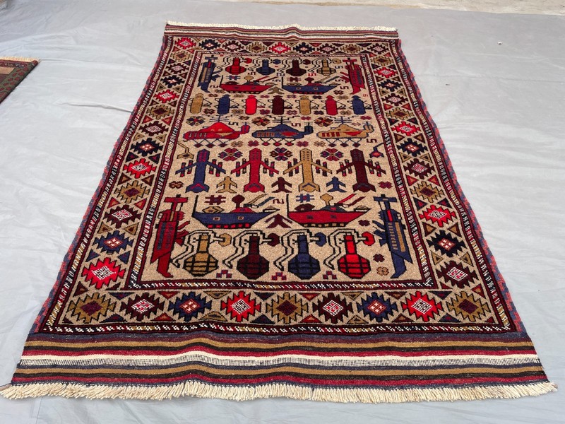 3'11x6'2 Ft Vintage Afghan War Rug Tank Helicopter Handwoven Kilim Rug gallery