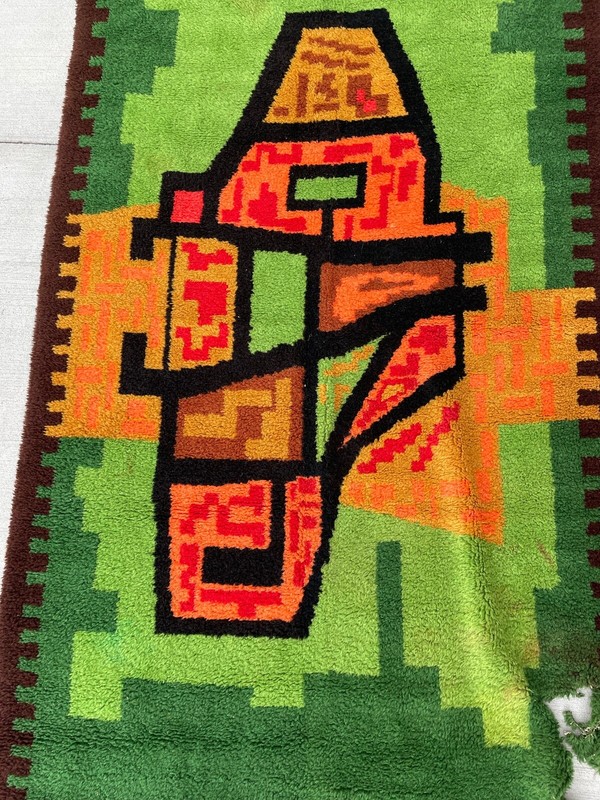 Hand Hooking Rug Handmade Fun 70's pattern and colors 88" x 55" Vintage 1970's gallery