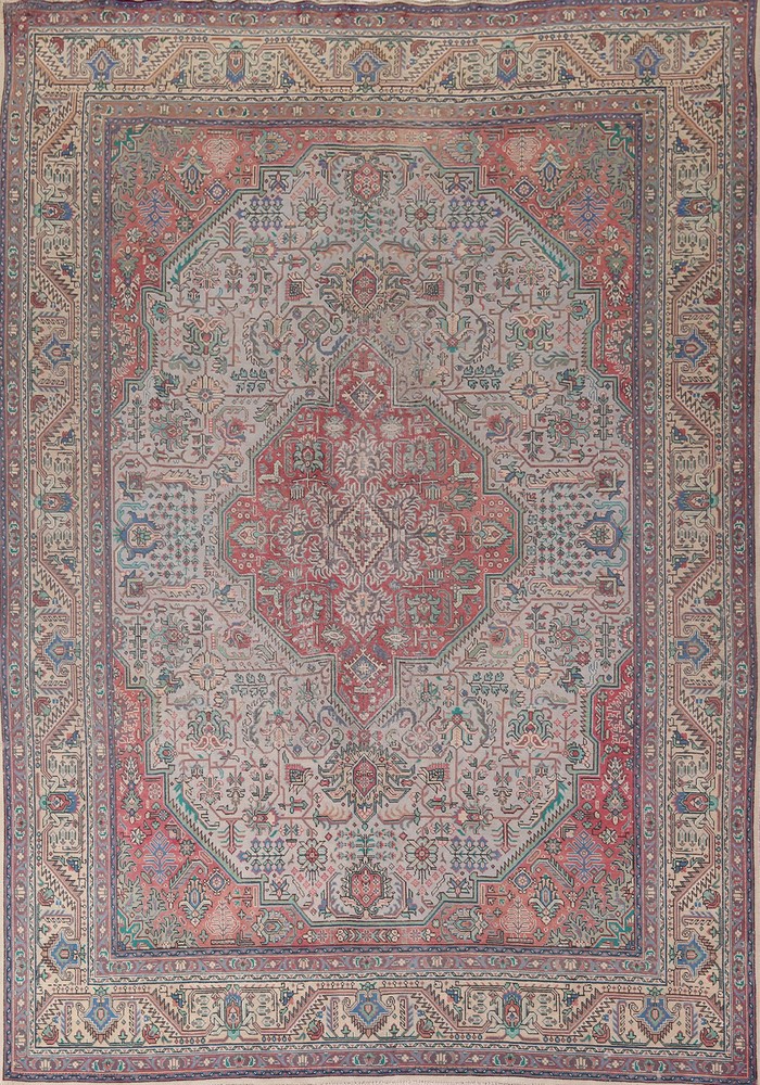 Geometric Light Gray Wool Tebriz Living Room Area Rug 10x13 Vintage Handmade Rug