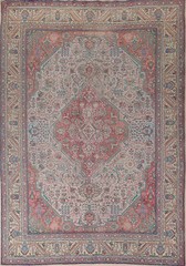 Geometric Light Gray Wool Tebriz Living Room Area Rug 10×13 Vintage Handmade Rug