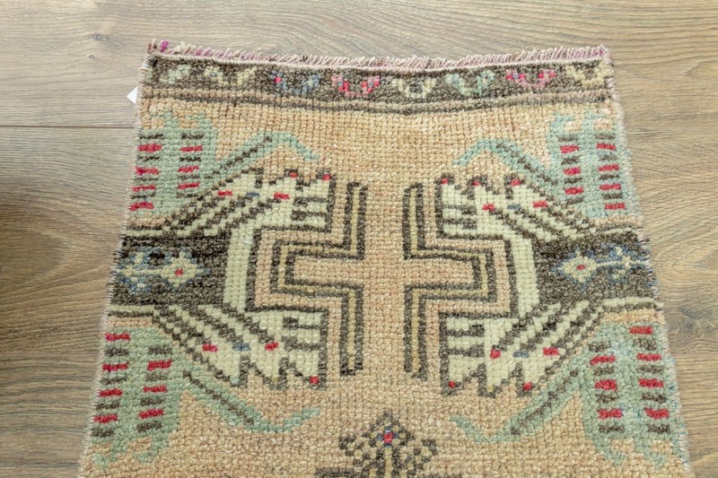 Turkish Oushak Mat 1'5x3'6 ft – Brown Sage Teal Wool Rug for Entry or Bathroom gallery