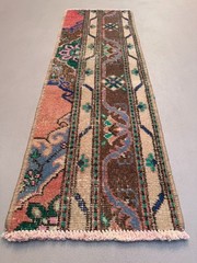 Small Vintage Turkish Rug 37×110 cm, Short Runner, Shabby, Mini Carpet 2555