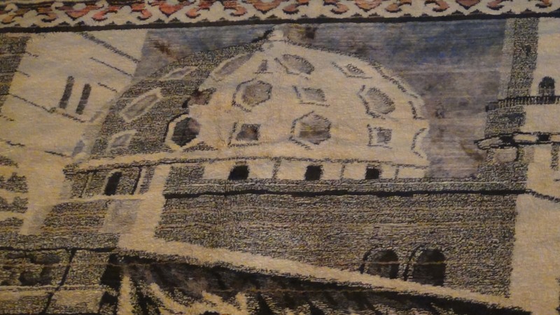 ANTIQUE ISLAMIC SILK RUG STREET MARKET SCENE 49" X 77" gallery