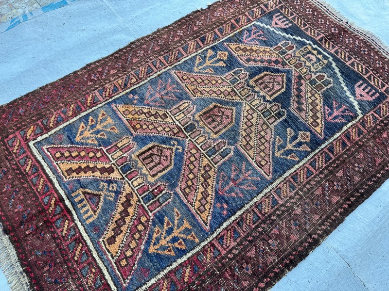 1930s Antique Afghan Terracotta Faded Rug 3x4 Blue Geometric Persian Area Carpet gallery