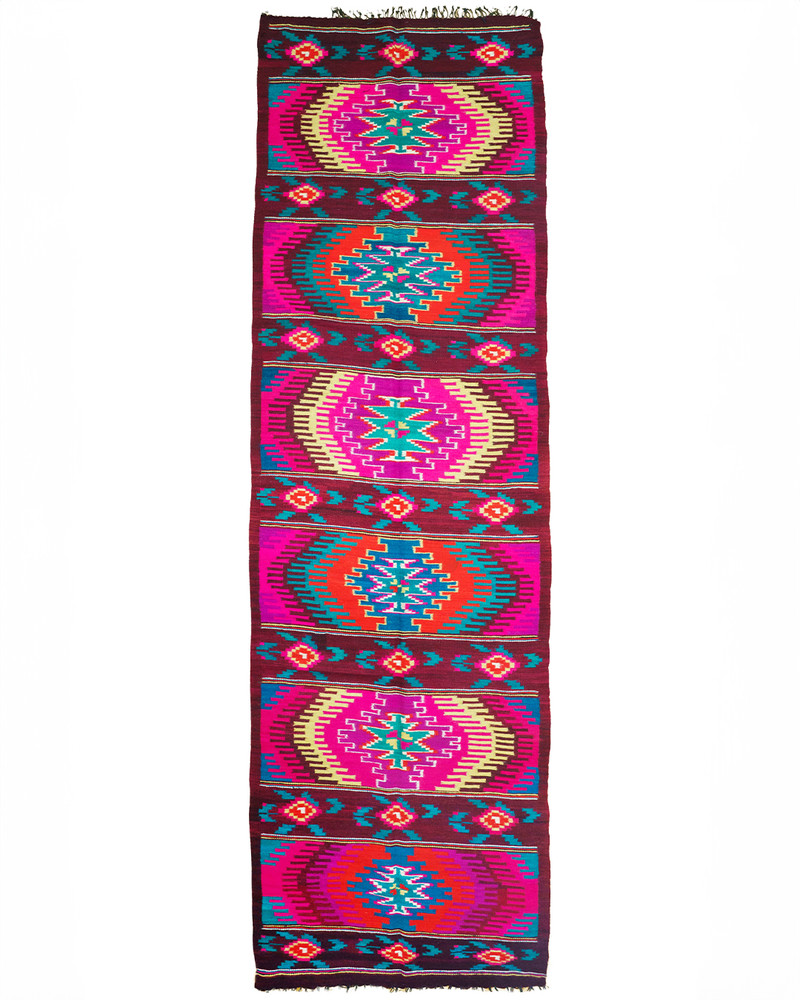 Romanian Oltenian Kilim Runner Rug Handwoven 100% Wool Geometric Fuchsia 1970s