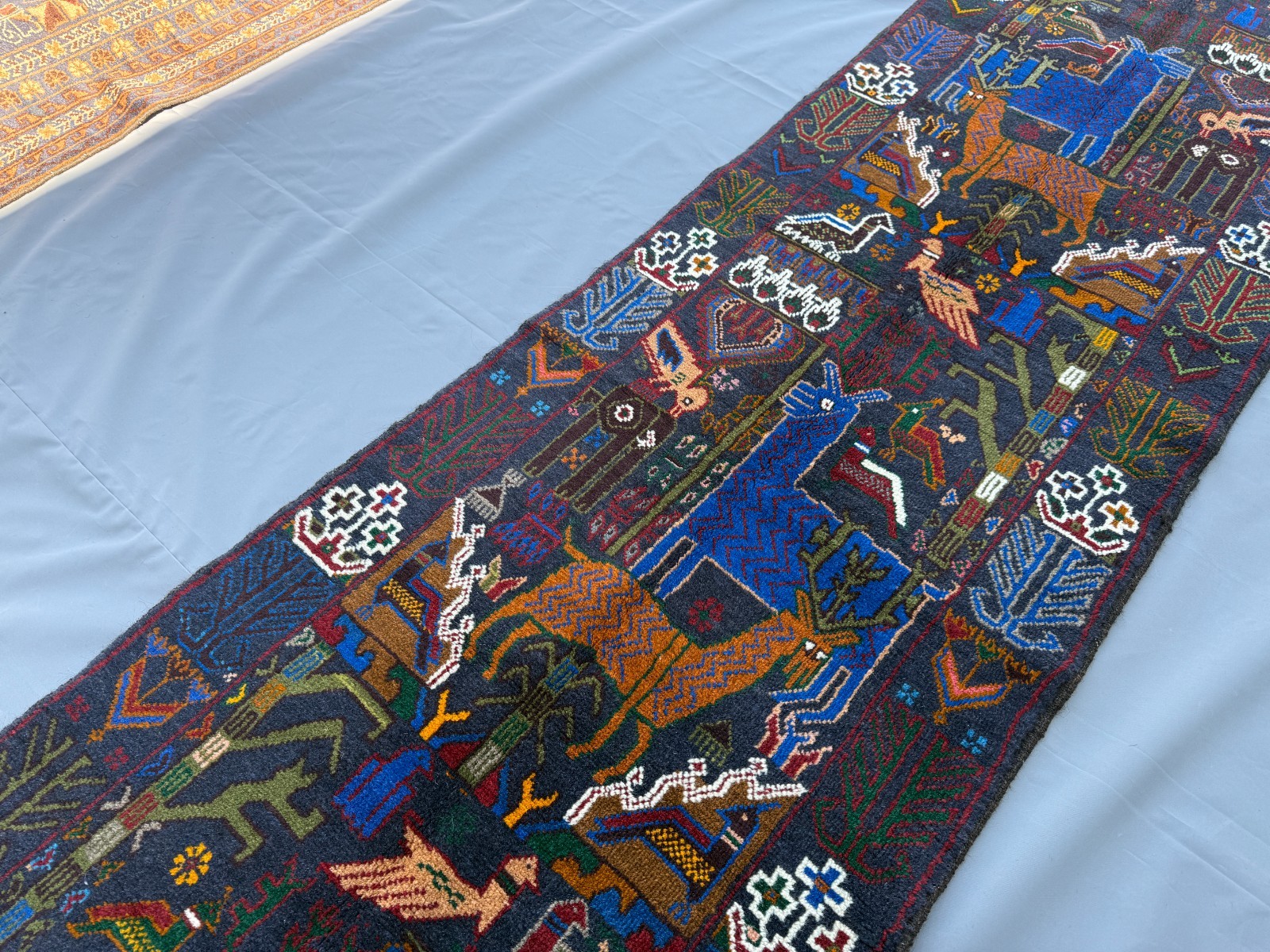 Blue Vintage Afghan Pictorial Runner Rug 2x9 Handmade Persian Style Tribal Rug gallery