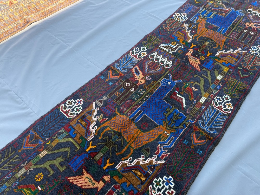 Blue Vintage Afghan Pictorial Runner Rug 2x9 Handmade Persian Style Tribal Rug