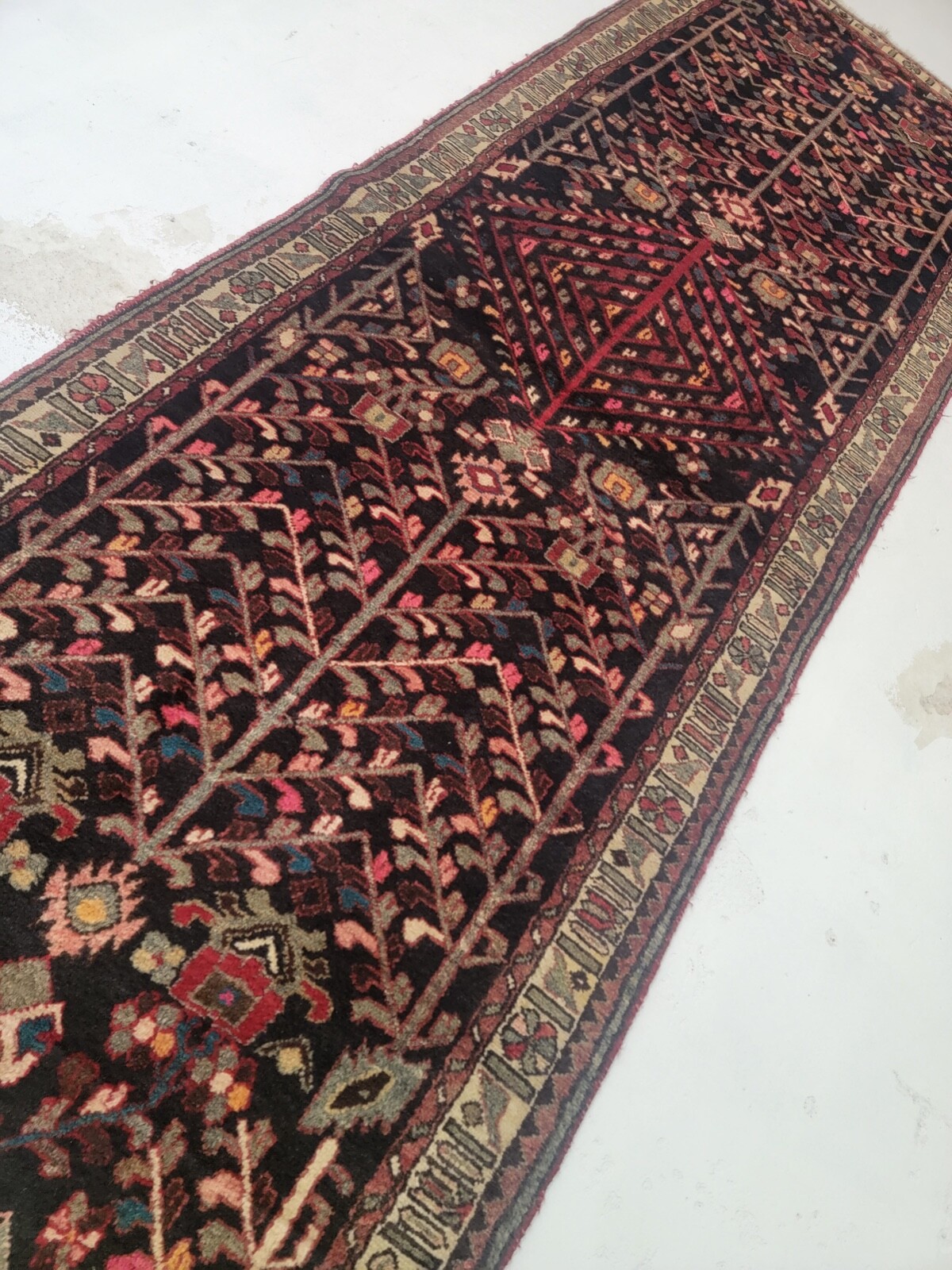 Antique Oriental Hand-Knotted Wool Runner Black/Beige 3'4" x 10'7" gallery