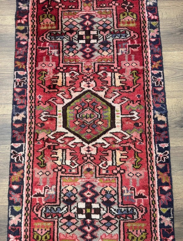 Heriz Karajeh Runner Rug 2x9 Geometric Medallions Red Navy Blue gallery