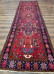 Heriz Karajeh Runner Rug 3.7 x 12 Geometric Medallions Red Navy Blue