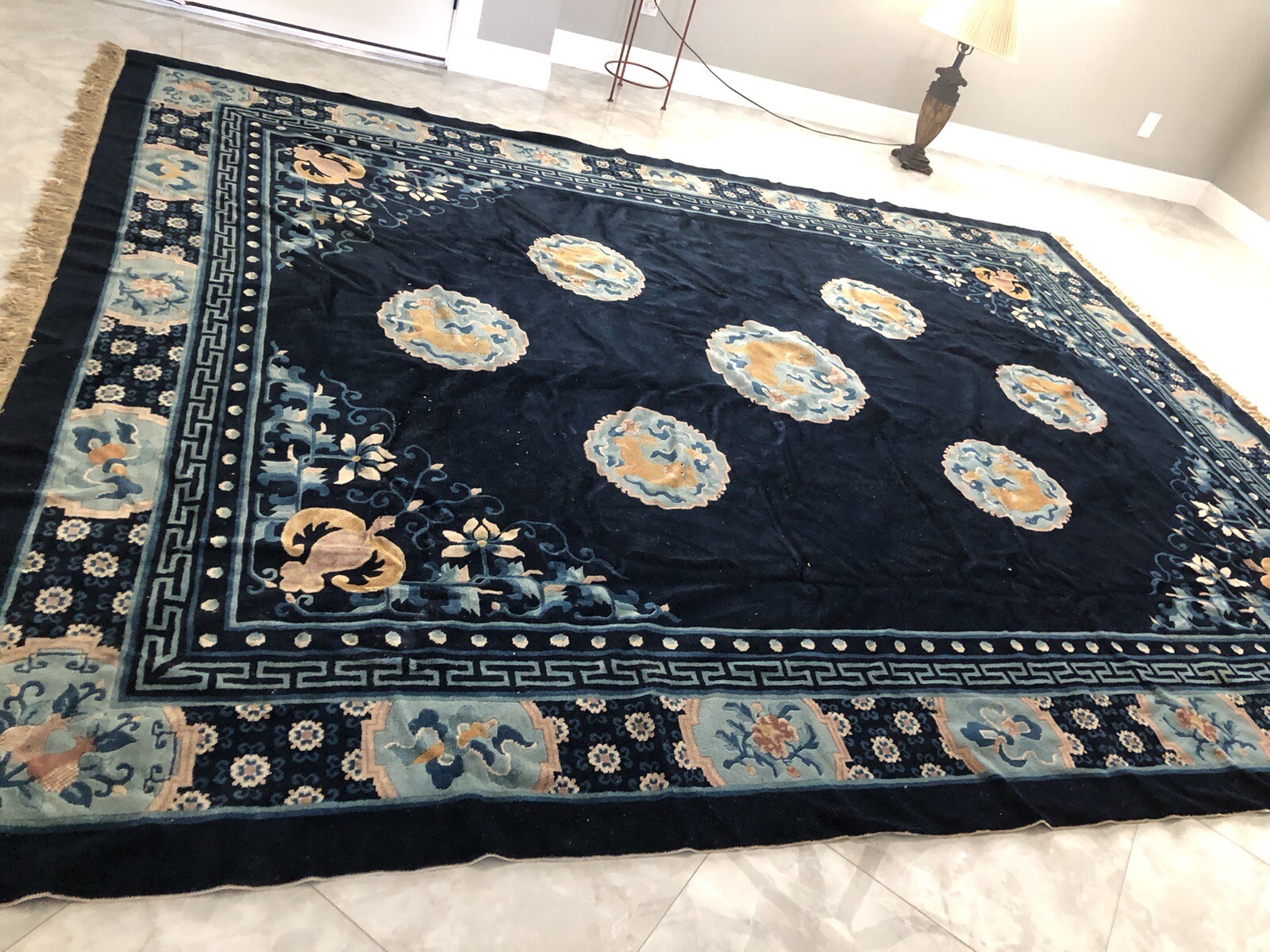 9'7" x 12'2" Vintage RUG BLUE Antique Hand Knotted WOOL handmade Germany 1930's gallery