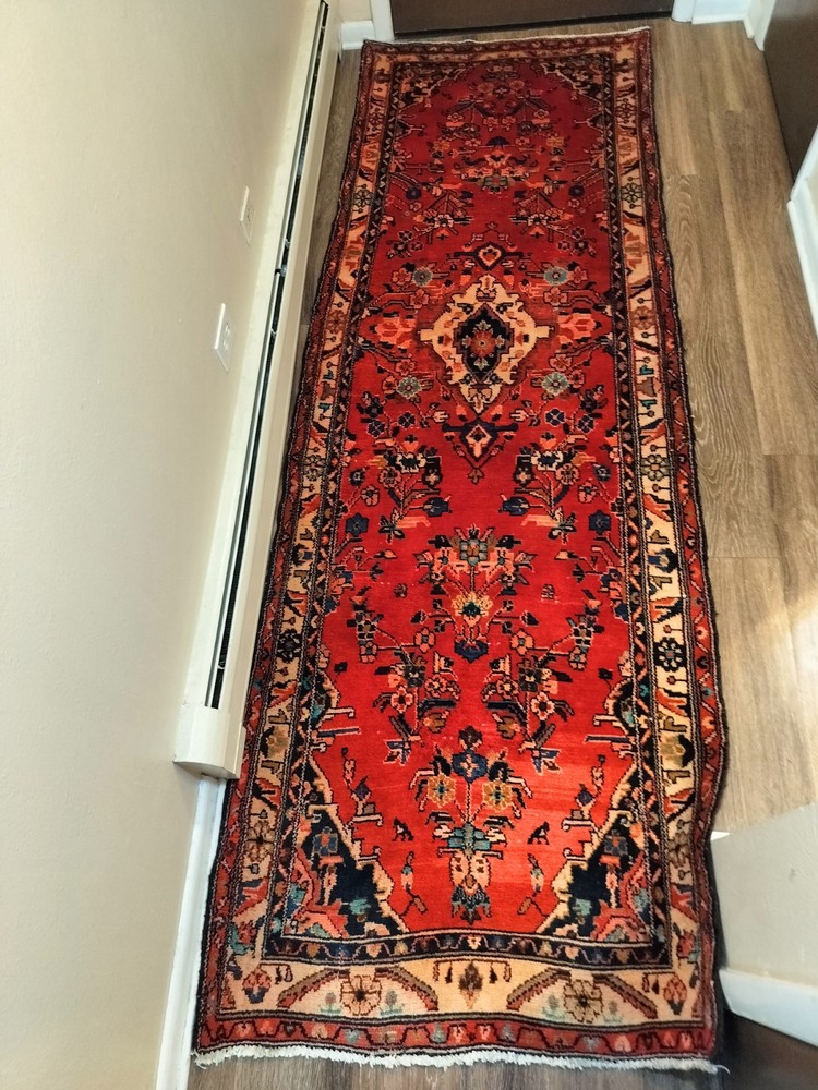 Vintage Hand-Knotted Wool Runner 3'4" x 9'5" Thick Rug Liliyan Hamedan Style Red