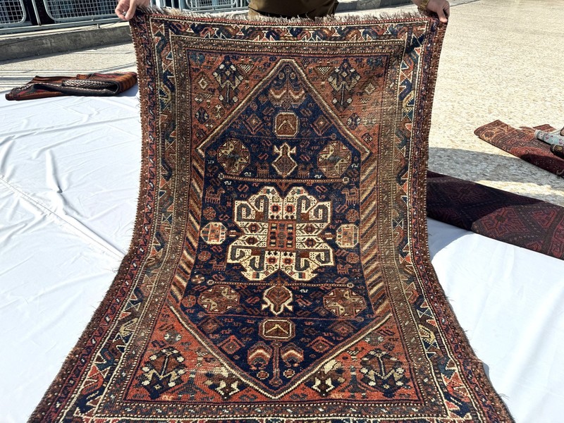 1920s Terracotta Muted Caucasian Red Rug 4x5 Blue Geometric Faded Persian Carpet gallery