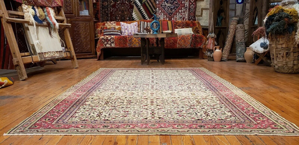 Fine Antique 1930-1940s Wool Pile Natural Dye Kayseri Bunyan Area Rug 4'10"×7'3"