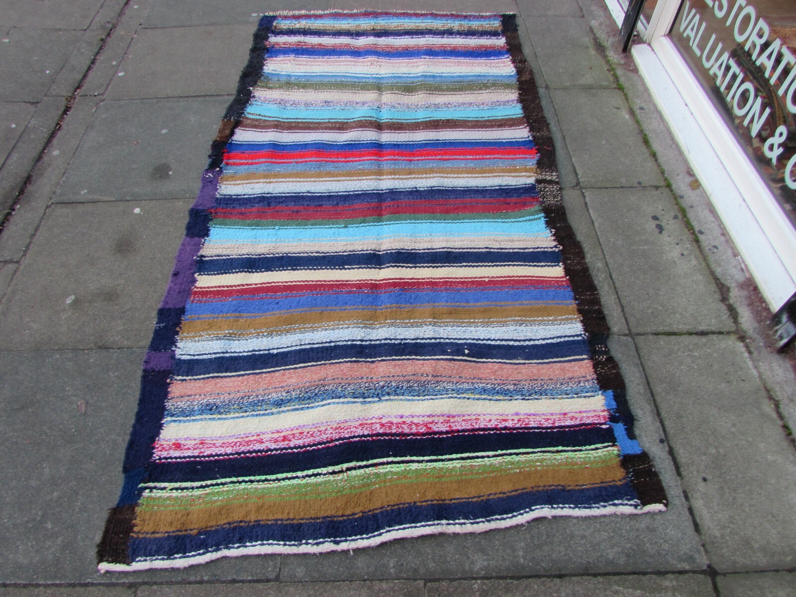 Vintage Traditional Hand Made Oriental Cotton Blue Large Kilim 233x125cm gallery