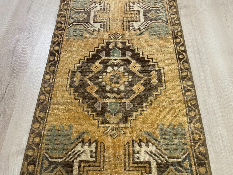 Vintage Turkish Handmade Wool Oriental Rug Gold Brown Entryway Runner 1.5x3.2 Ft gallery