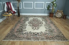 Boho Decor Rug, Vintage Turkish Rug, Beige Pink Brown Carpet 5.64×7.91 ft H-2470
