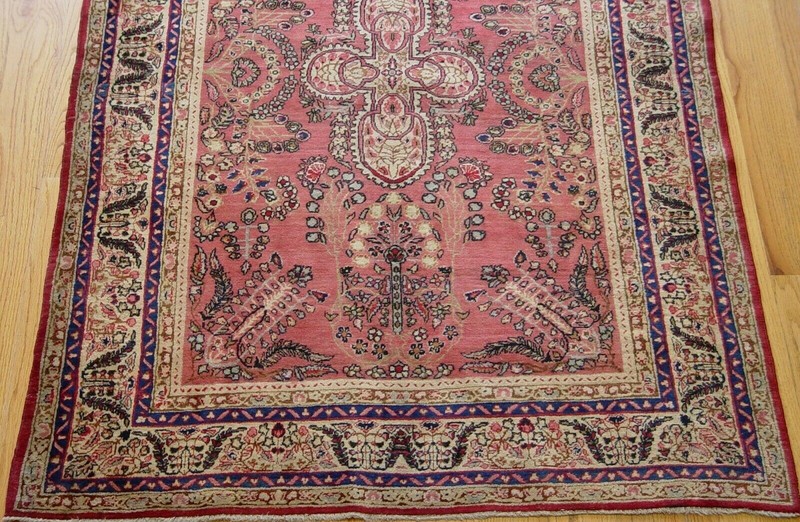 Antique 1880s Kermann Hand Knotted Wool 4'3" x 6'5" Pink Rose Oriental Rug gallery