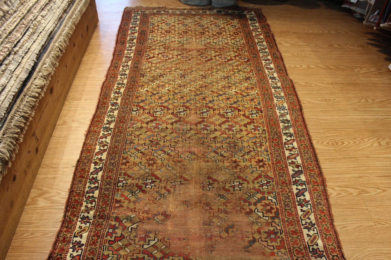 ANTIQUE Caucasian Rug, 12' x 4' Long Antique Original condition, worn, stressed. gallery