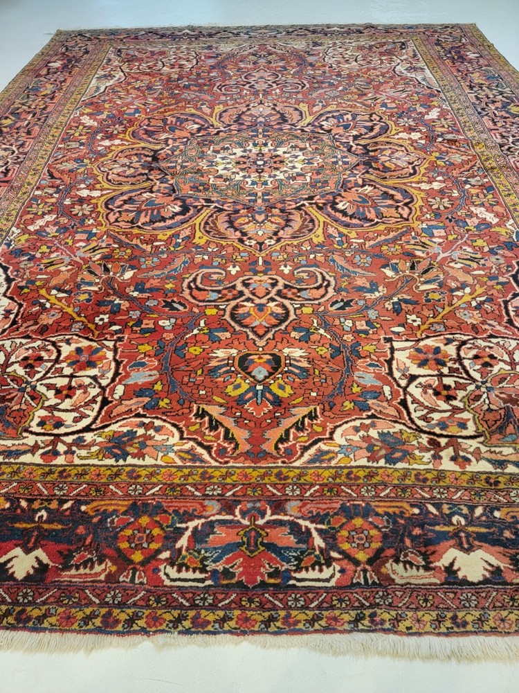Antique Oriental Hand-Knotted Wool Area Rug Red/Navy Blue/Ivory 10'8" x 13'6"