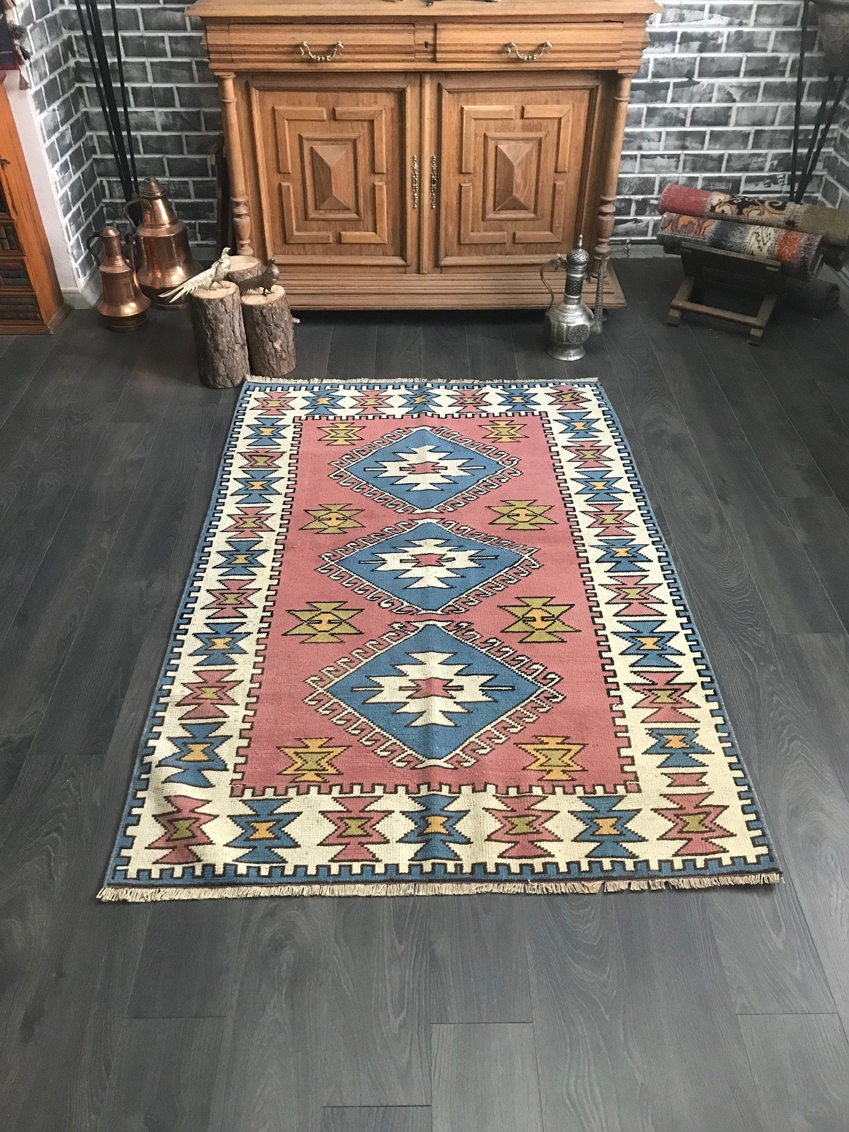 Pink Area Rug , Handknotted Turkish Rug , Geometric Oushak Rug , Pink Nomadic Ru gallery