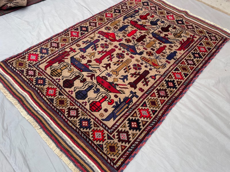3'11x6'2 Ft Vintage Afghan War Rug Tank Helicopter Handwoven Kilim Rug gallery