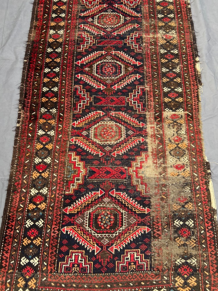 Black Red Distressed Low Pile Rug 4x6 ft Hand Knotted Caucasian Vintage Carpet